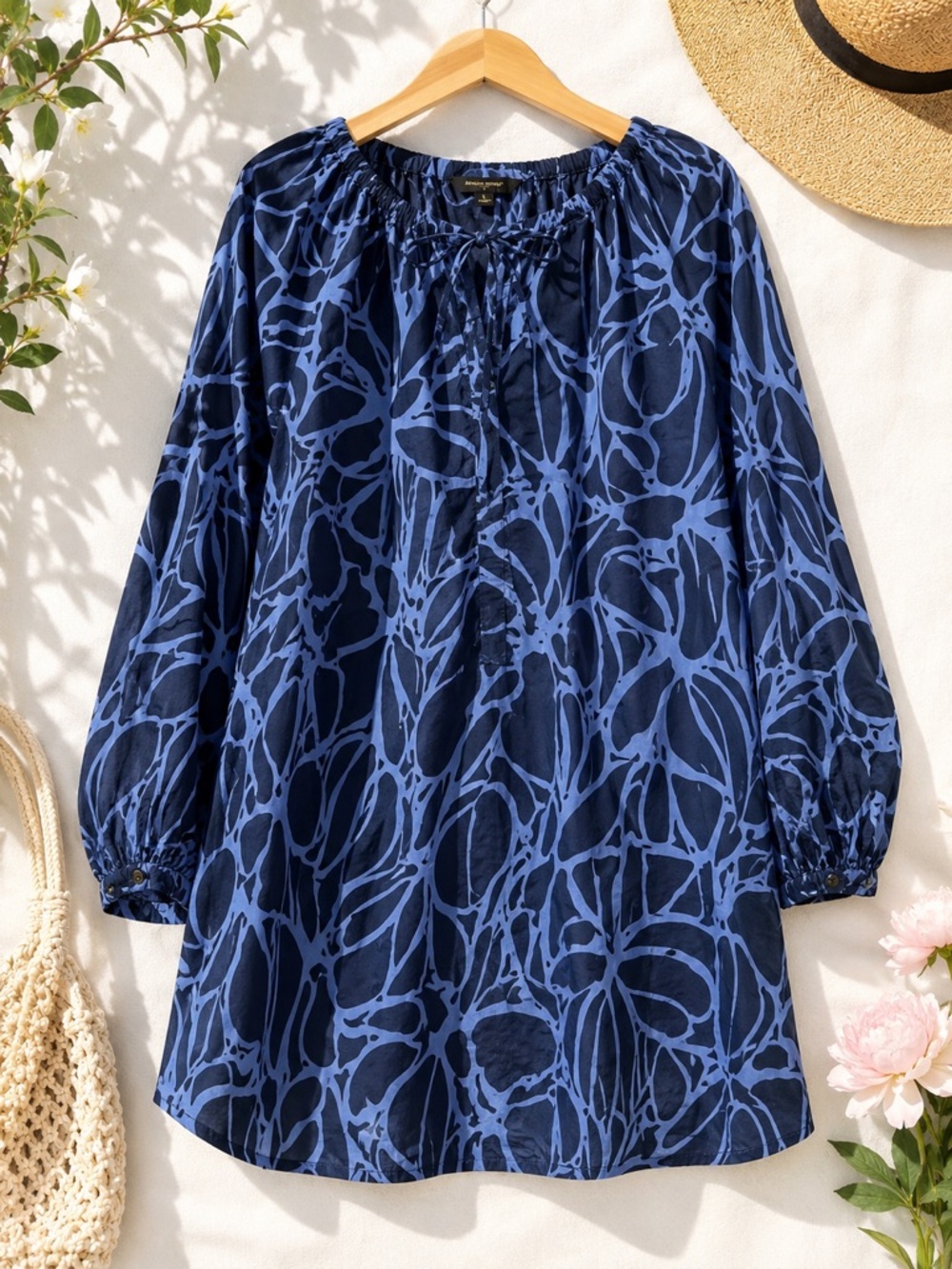 Banana Republic Blue Abstract Print 100% Cotton Tie Neck Tunic Blouse L
